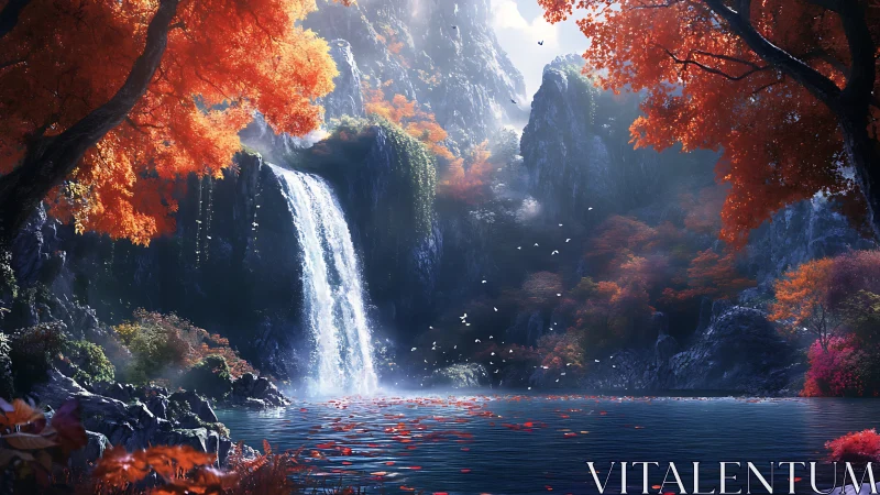 Crimson forest waterfall in luminous autumn valley panorama.