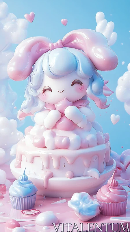 Adorable 3D Character Cake with Pink Bow and Clouds.
