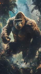 Jungle titan strides through mist and embers with grim focus