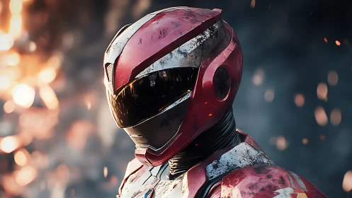 Red armored sci fi soldier stands in sparks and smoke