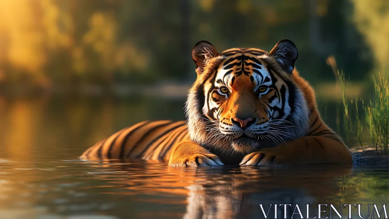 Tiger resting in golden sunset river, tranquil gaze focus.