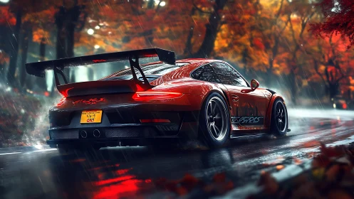 Rain-soaked red sports car powers through an autumn forest