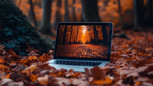 Laptop screen mirrors autumn forest floor in warm light