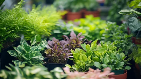 Potted foliage plants arranged in shallow-depth greenhouse study