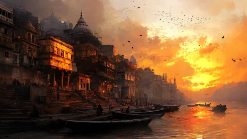 Riverfront embers over ancient steps at a fiery sundown.