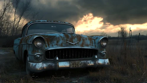 Rusting classic car sits abandoned under stormy sunset sky