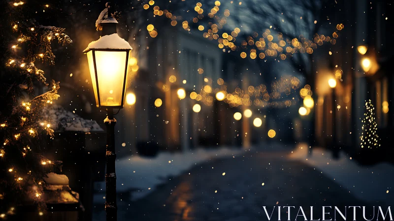 Snowy lamppost illuminating cozy winter street at dusk.