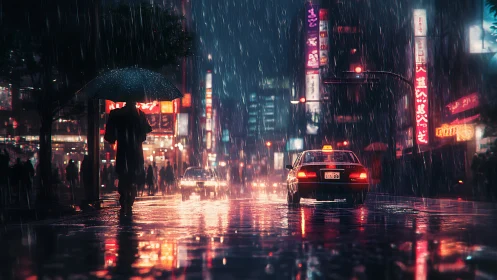 Rain-soaked city night with glowing streets and quiet taxis.