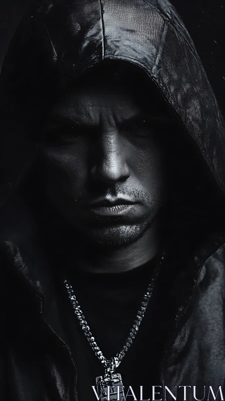 Hooded male subject is lit with controlled low key lighting