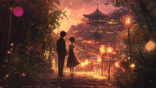 Silhouetted couple stands on lantern lit path at dusk