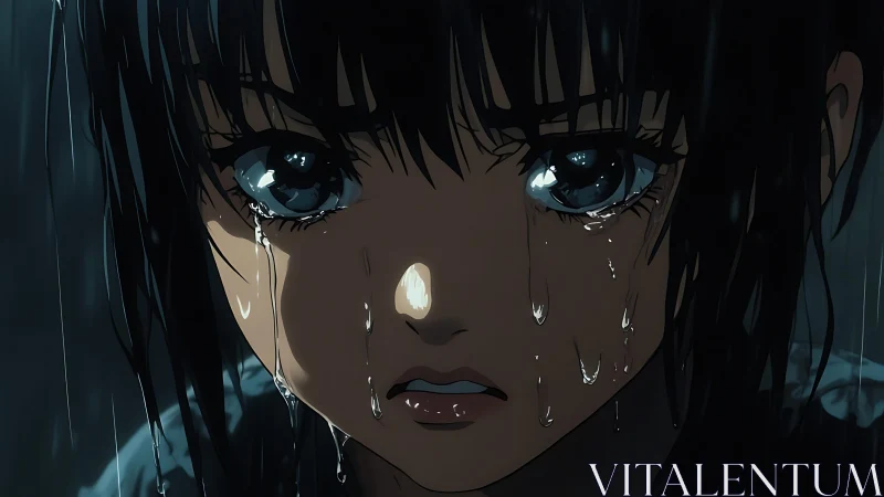 Rain-soaked girl with shining tears and stormy, soulful eyes.