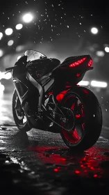Photorealistic sport bike in noir rain with red backlighting.