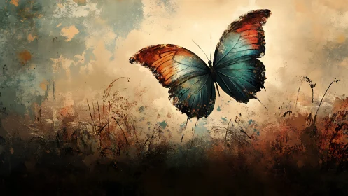 Butterfly with blue and orange wings over abstract field.