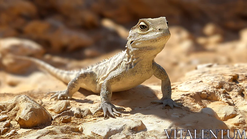 Alert desert lizard poised on sunlit sandstone terrain.