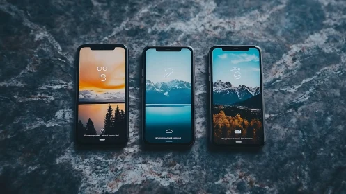 Three cozy smartphones sharing tranquil mountain views.