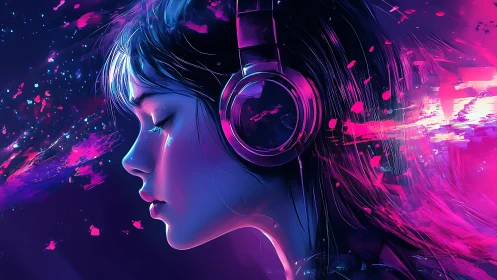 Neon digital portrait of girl in headphones and motion light.