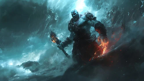 Mythic warrior strides through storm-lit surf wielding flaming axe