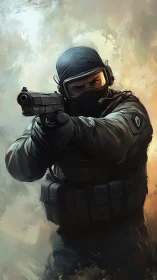 Tactical operative aiming pistol in dynamic digital portrait.