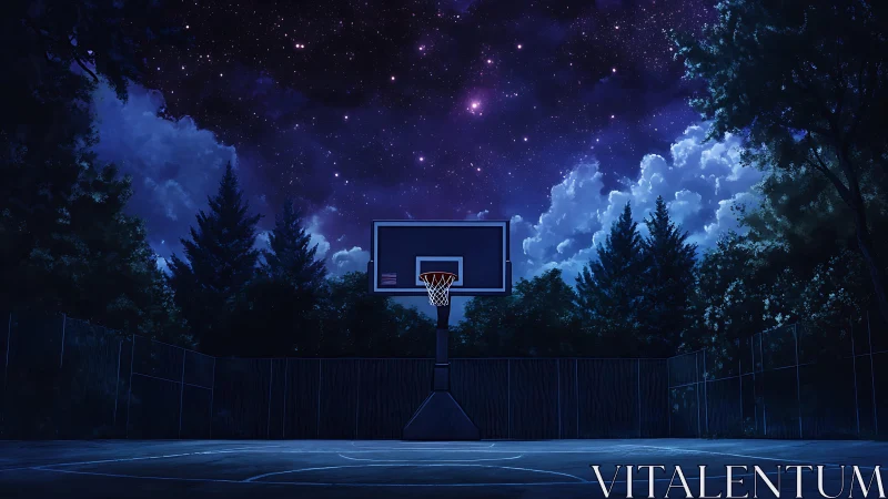 Midnight pickup court resting quietly beneath bright stars.