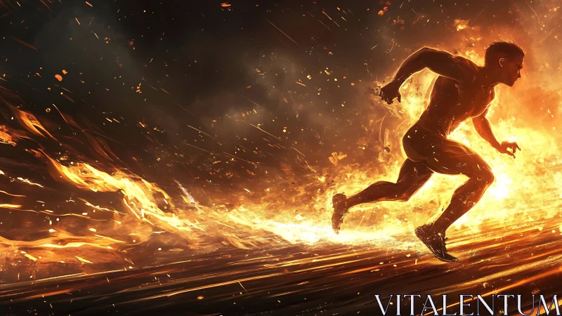 Blazing runner surges forward through swirling golden fire