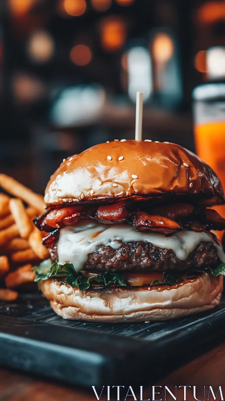 Stacked cheeseburger with bacon and fries is photographed