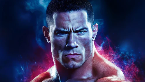 Strong, determined fighter gazes ahead in glowing neon light