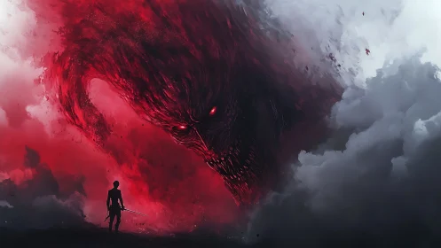 Lone warrior faces colossal red demonic storm face.