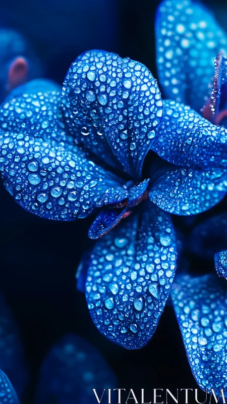 Luminous Blue Petals Adorned with Glowing Dewdrops