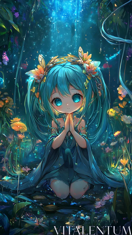 Forest spirit girl in luminous blue fairy streamscape.