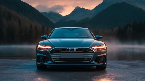 Midnight-blue sports sedan stares down the misty mountains