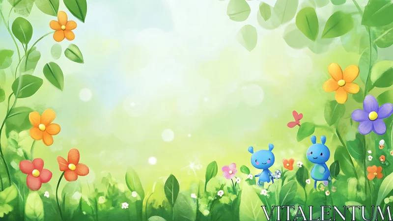 Playful blue creatures in luminous spring garden landscape.
