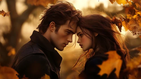 Autumn Romance: Two Souls Connect in Golden Leaf-Strewn Moment