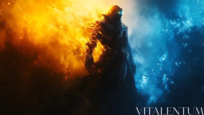 Fire and frost guardian striding through swirling twilight.