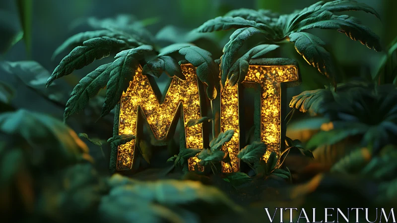 Glowing MIT monogram blooms beneath lush jungle leaves.