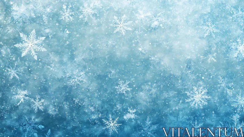 Frosted snowflakes drift across textured icy blue background