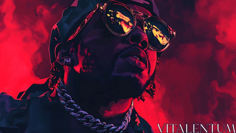 Neon-lit rapper portrait glows through crimson smoke haze.