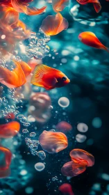 Bright orange fish drifting among swirling petals underwater.