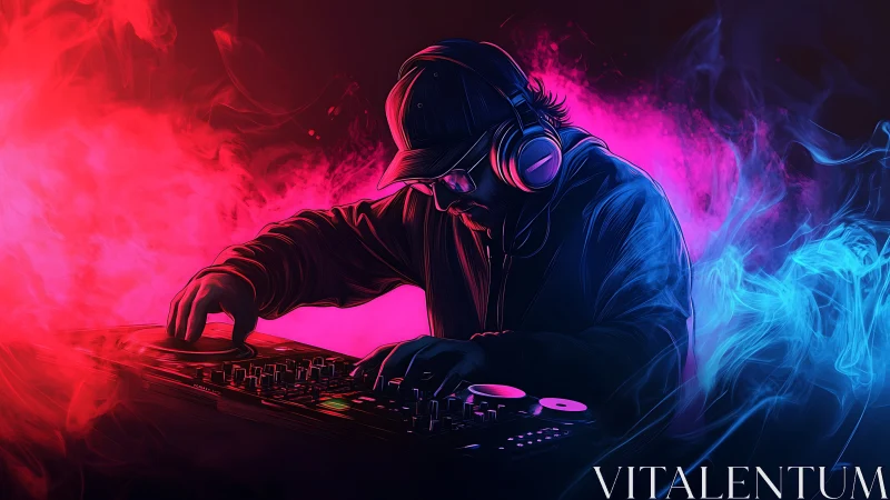 Neon shrouded DJ mixing under vivid red and blue plumes.