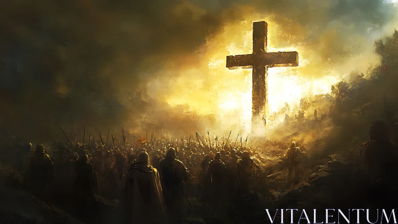 Medieval warriors gathered before burning cross in haze.