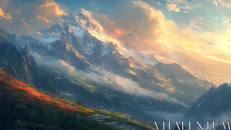 Luminous alpine panorama in epic fantasy digital painting style.