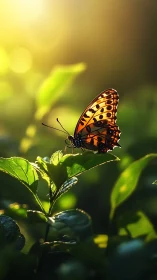 Orange butterfly on green foliage in soft backlighting.