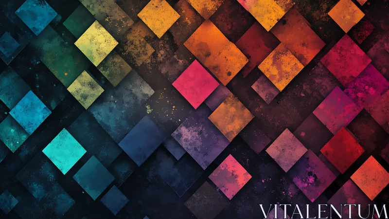Geometric gradient squares on dark textured background.