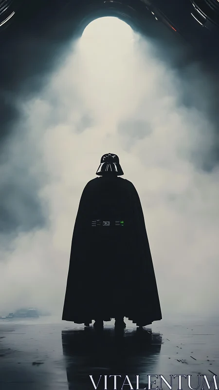 Backlit armored figure in misty sci-fi corridor environment