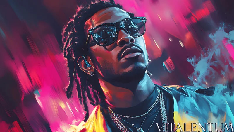 Digital portrait of confident man in neon concert light