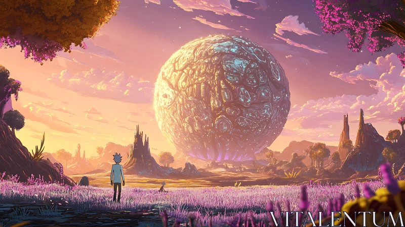 Alien meadow vista with colossal biomechanical sphere at dusk