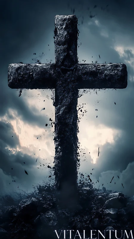 Rising stone cross breaks from the earth beneath stormy skies