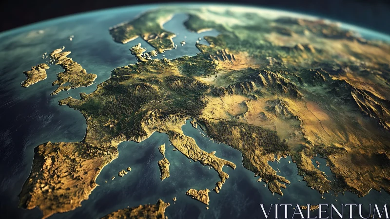Rendered terrestrial relief of Europe under golden daylight.