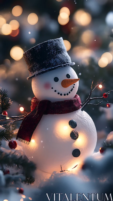 Illuminated snowman sculpture with bokeh lights in winter garden