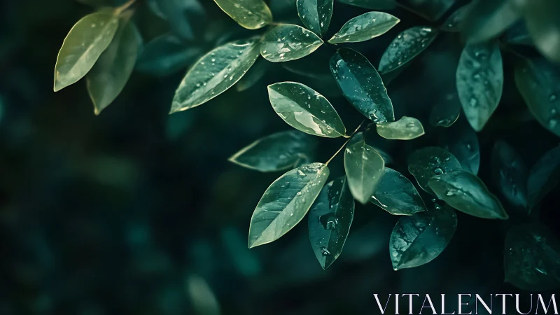 Rain-dappled green leaves under moody teal shadows.