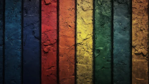 Textured vertical spectrum panels with weathered surface finish.